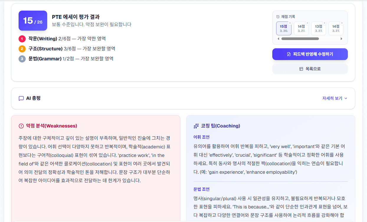 에세이 AI 채점 - 항목별 상세 피드백